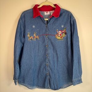 Denim Holiday Shirt with Santa Sleigh Embroidery and Red Velvet Collar